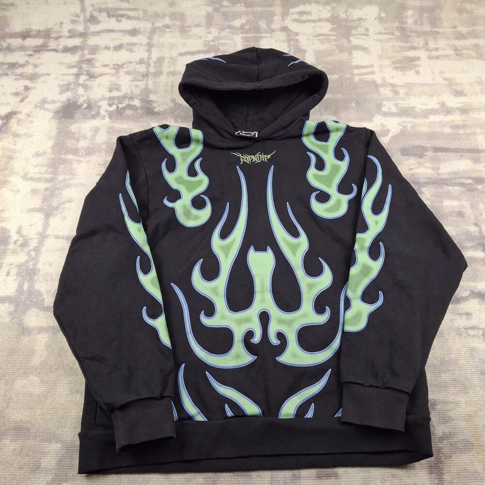 RIPNDIP Volt Hoodie Mens Large L Black Neon Green Blue Flames Skate Streetwear